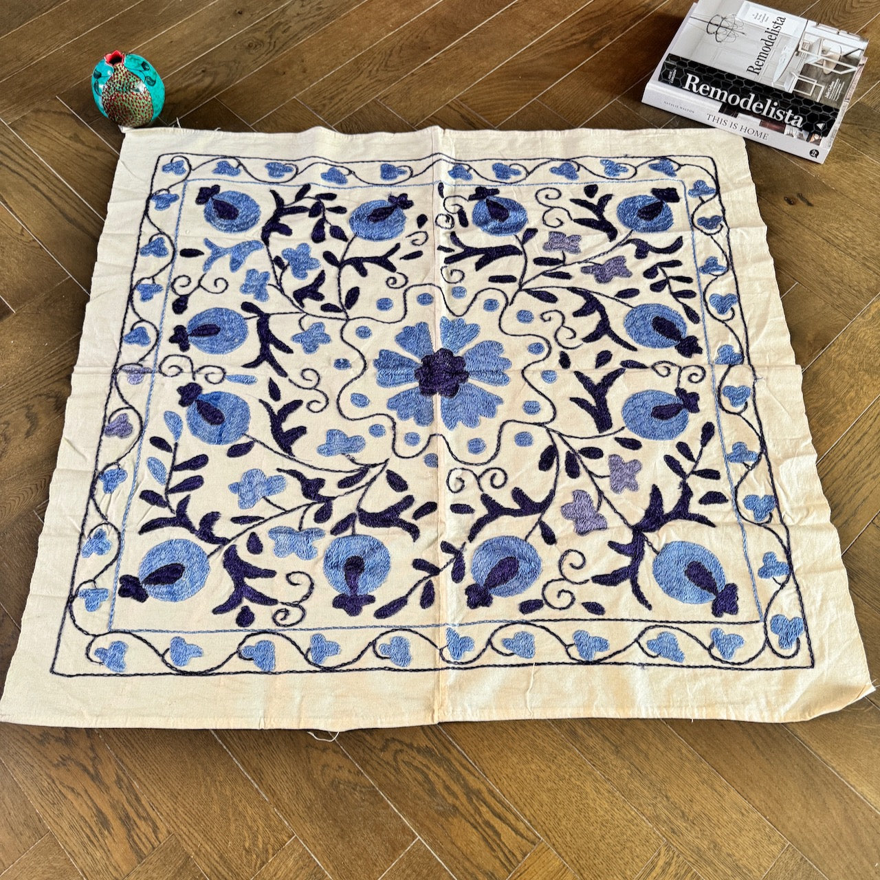 Hand-Embroidered Suzani Tapestry – 100cm Square – Cream with Blue Pomegranate Motif – One-of-a-Kind
