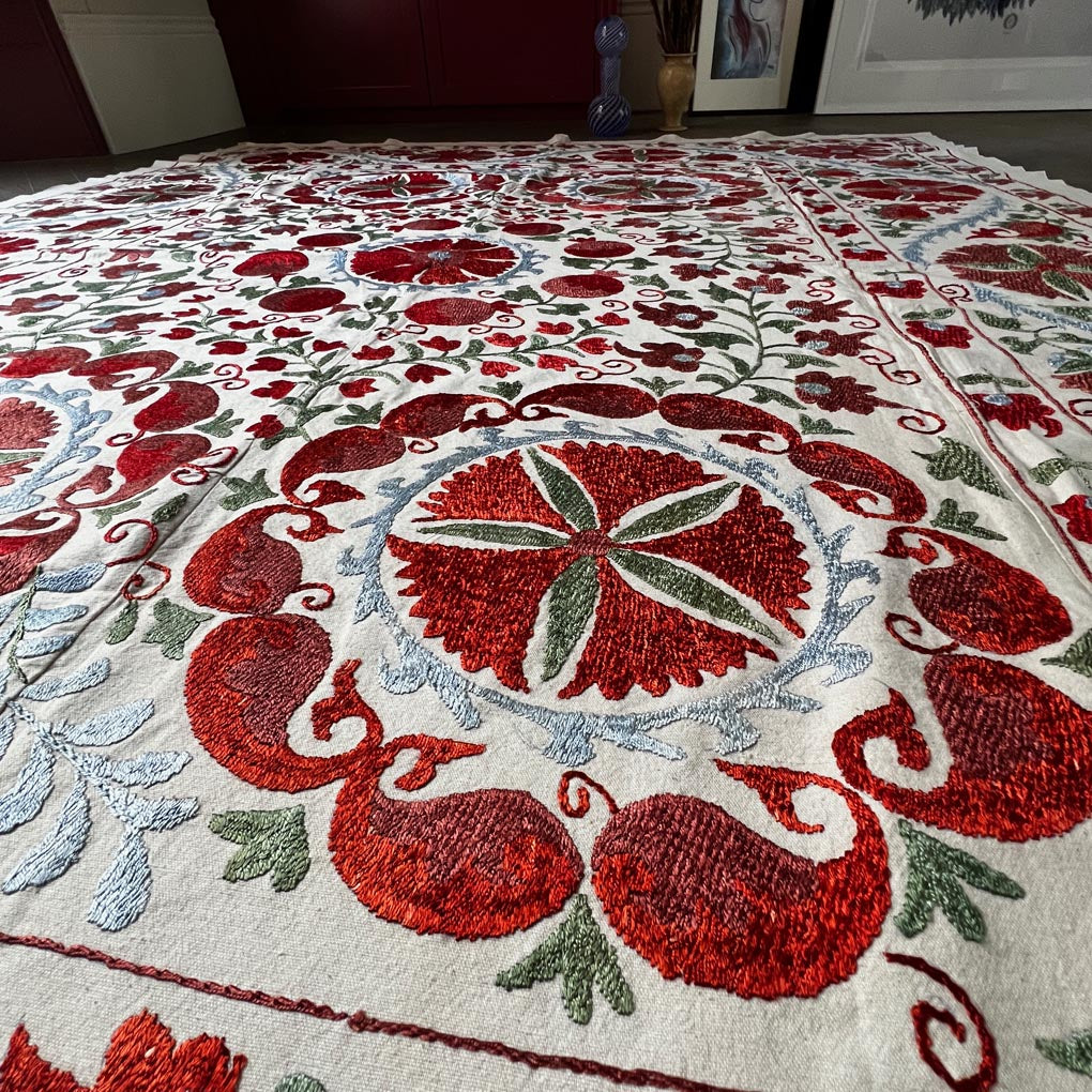Uzbeki Suzani Hand Embroidered Textile Wall Hanging | Home Décor | Throw | XL 190cm x 240cm SUZ092901 - Wildash London