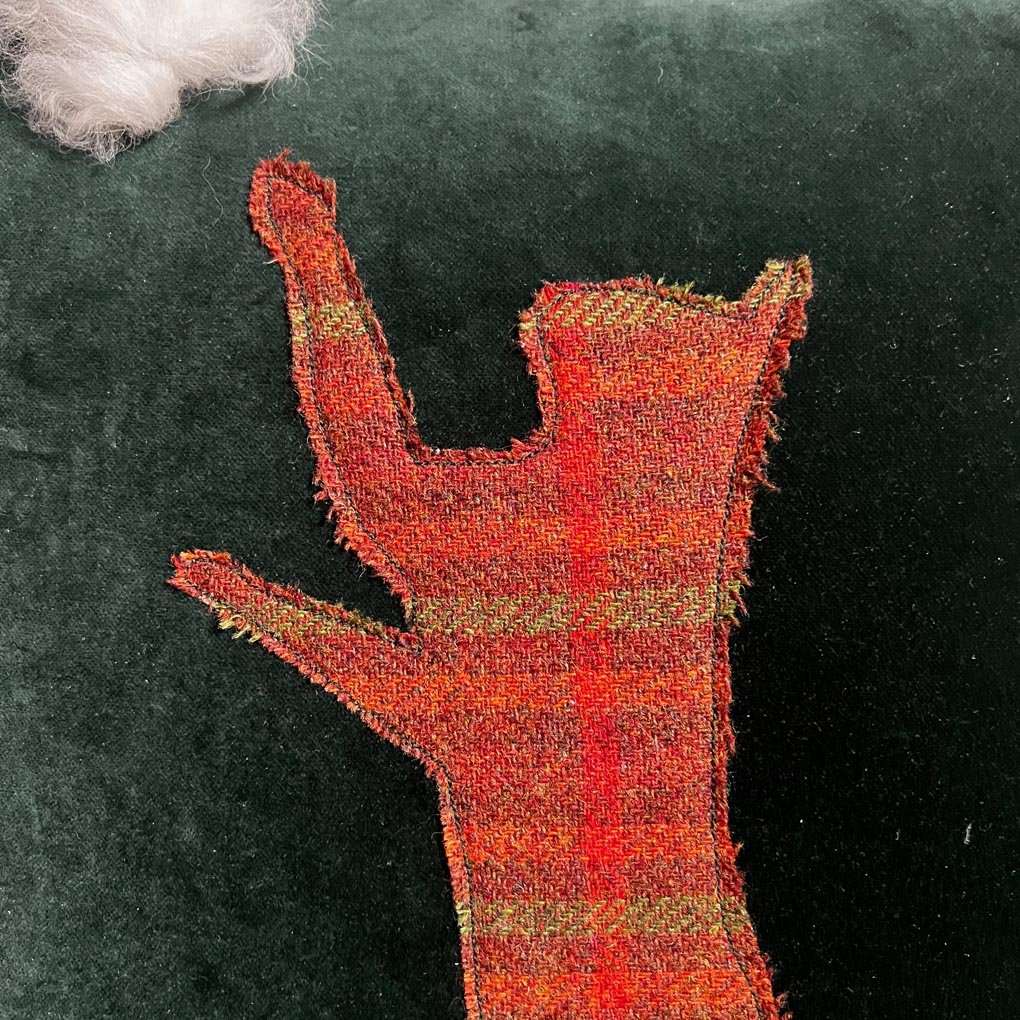 Brahma the Playful Pussycat Islay Tweed Countryside Cushion | Forest Green Velvet - Wildash London