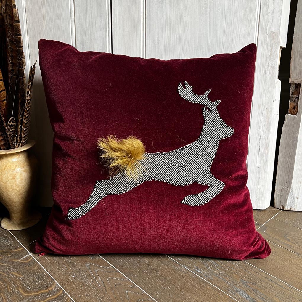 Leaping Stag Islay Tweed Countryside Cushion | Bordeaux Red Velvet - Wildash London