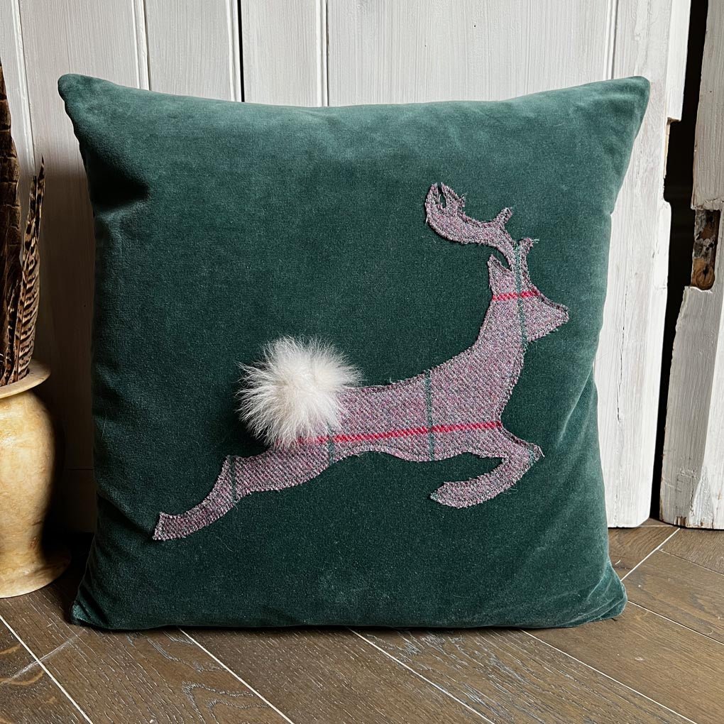 Leaping Stag Tweed Hare Cushion With Moss Green Blue – Wildash London