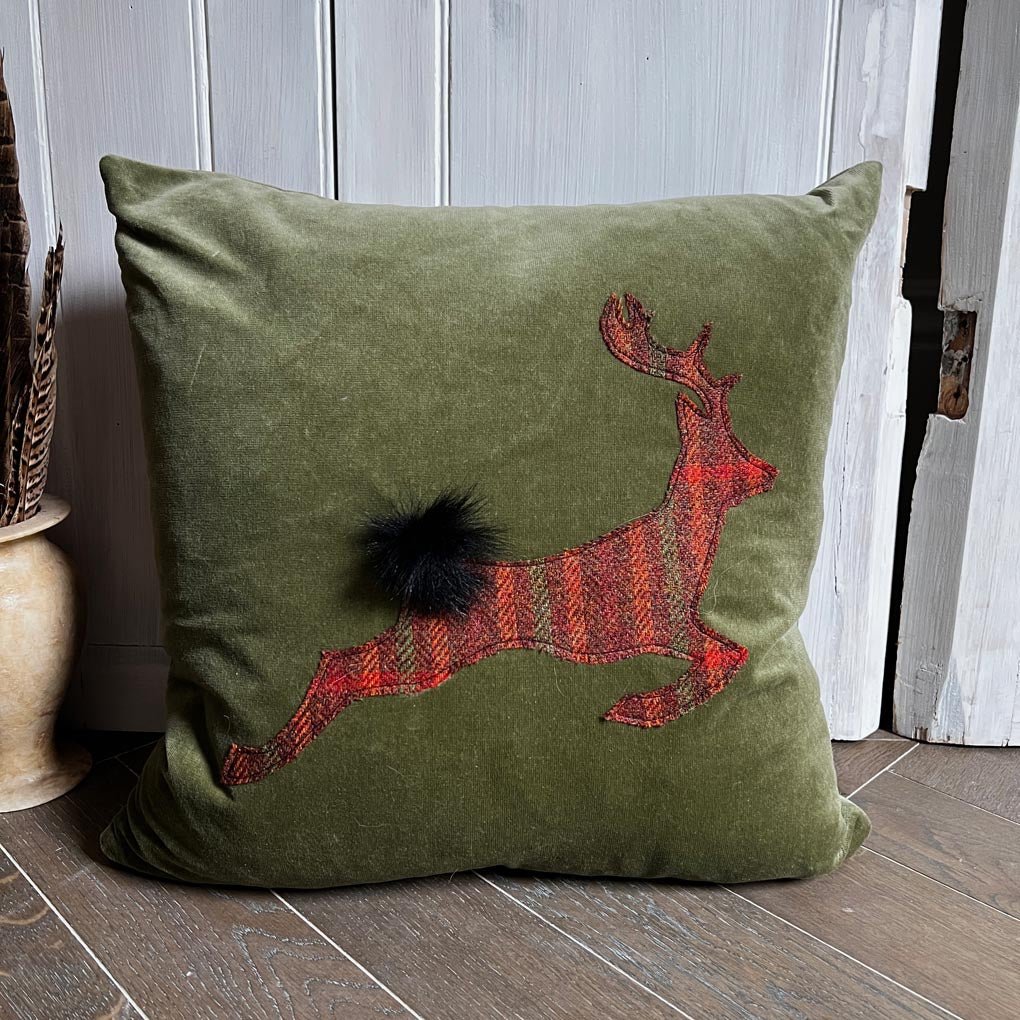 Leaping Stag Tweed Hare Cushion With Sage Green Blue – Wildash London