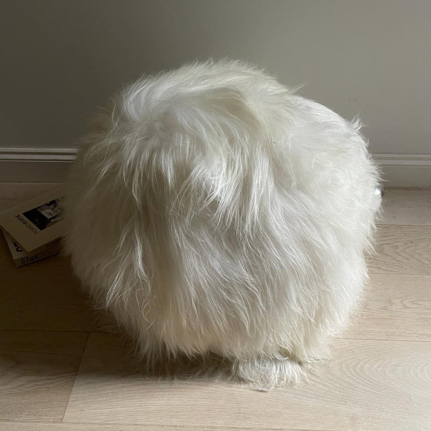 The Boule Icelandic Sheepskin Pouffe Long Fur - White - Wildash London