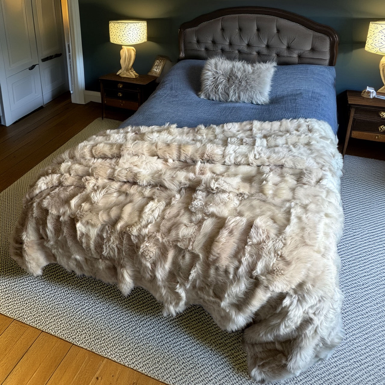 Warm Putty Beige Shearling Throw | Sheepskin Blanket | Rug | 241001