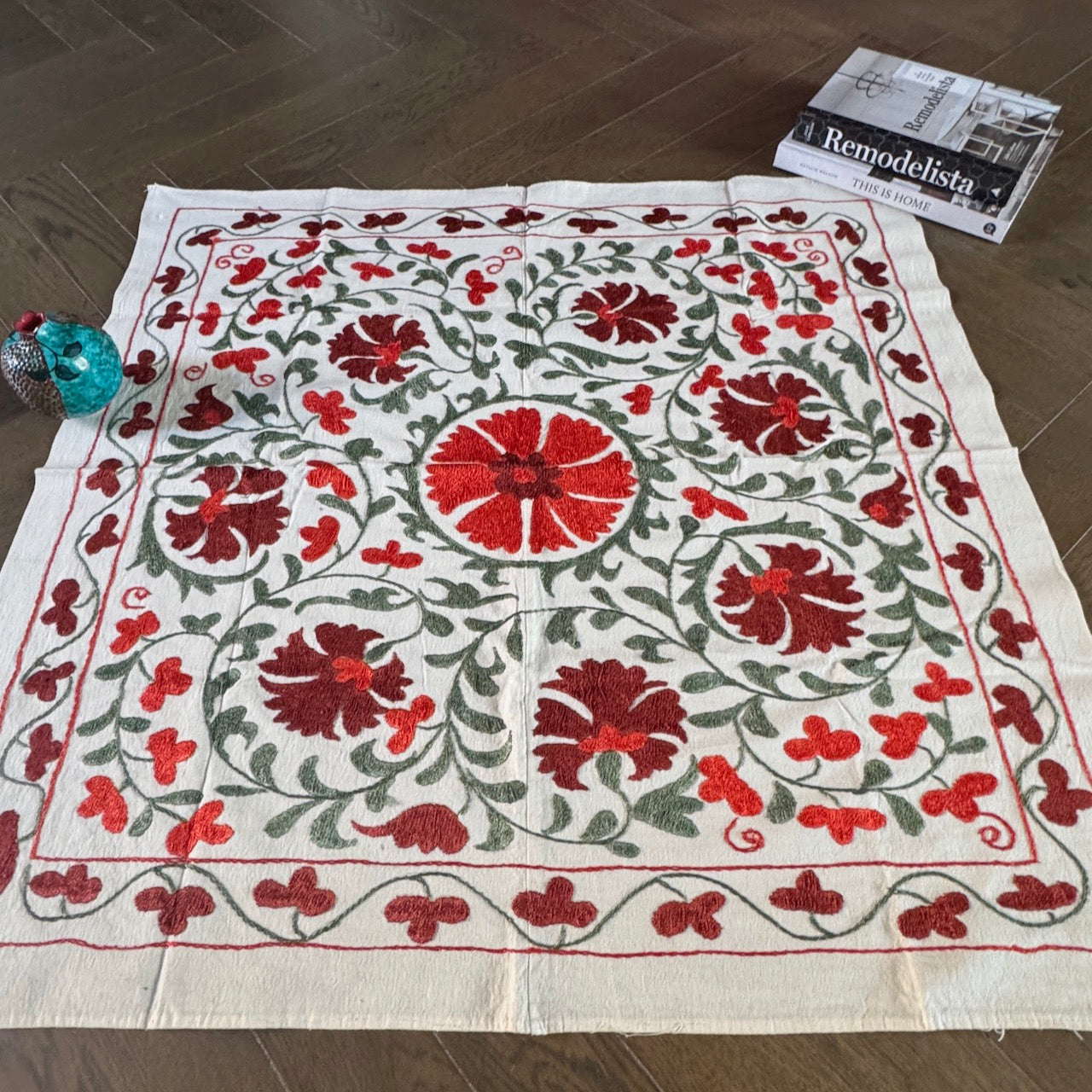 Hand-Embroidered Suzani Textile – 100cm Square | Cream Cotton with Red & Sage Silk Embroidery