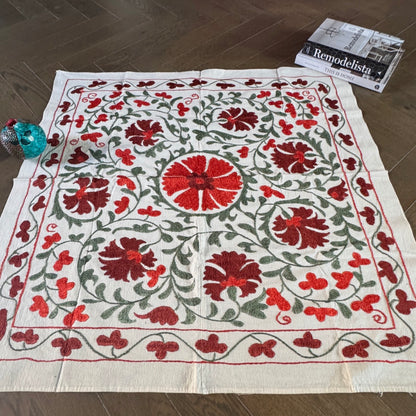 Hand-Embroidered Suzani Textile – 100cm Square | Cream Cotton with Red & Sage Silk Embroidery