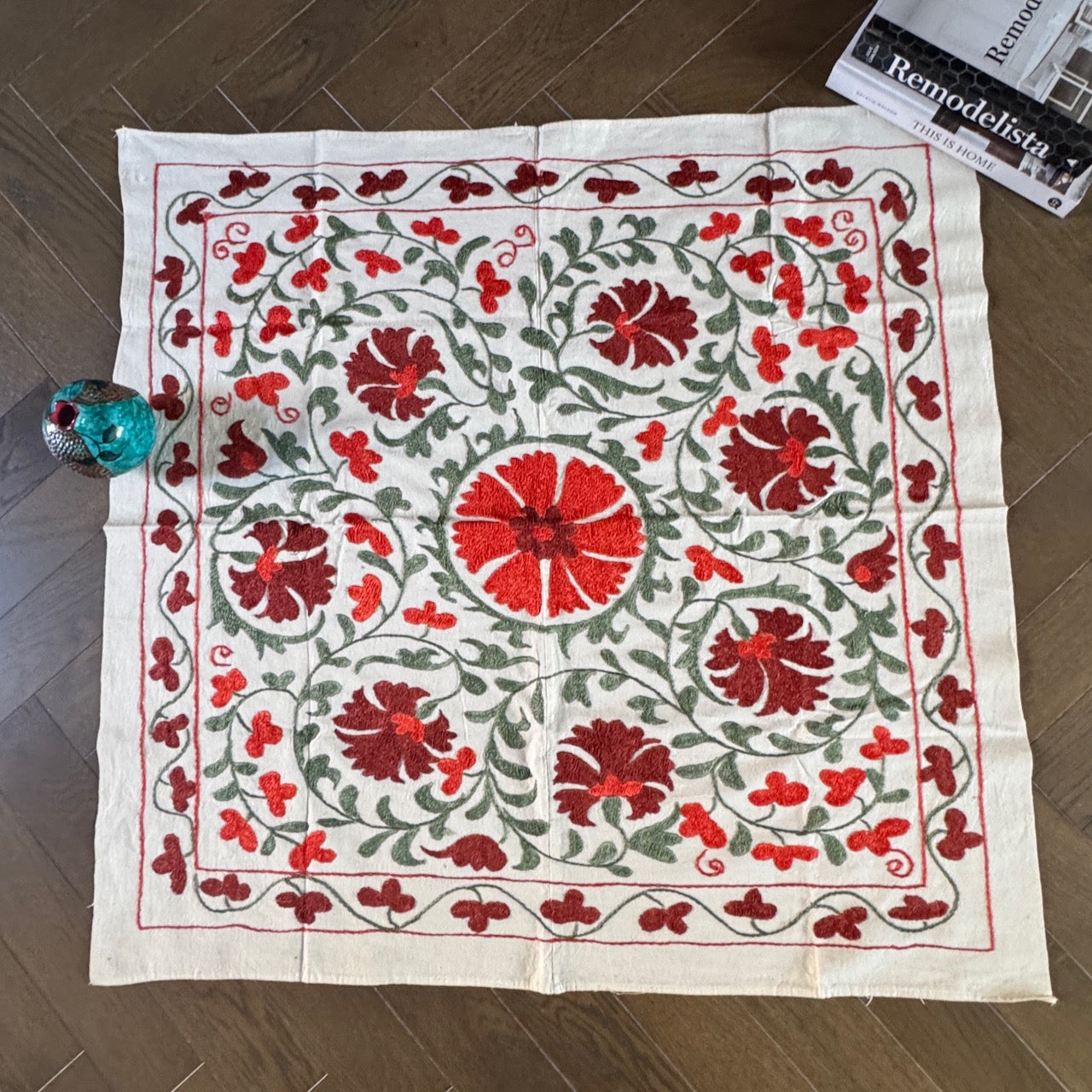 Hand-Embroidered Suzani Textile – 100cm Square | Cream Cotton with Red & Sage Silk Embroidery