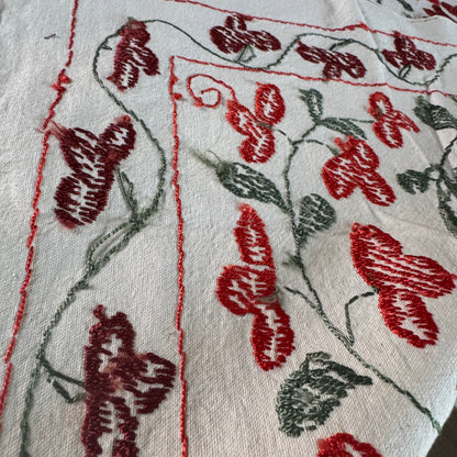 Hand-Embroidered Suzani Textile – 100cm Square | Cream Cotton with Red & Sage Silk Embroidery