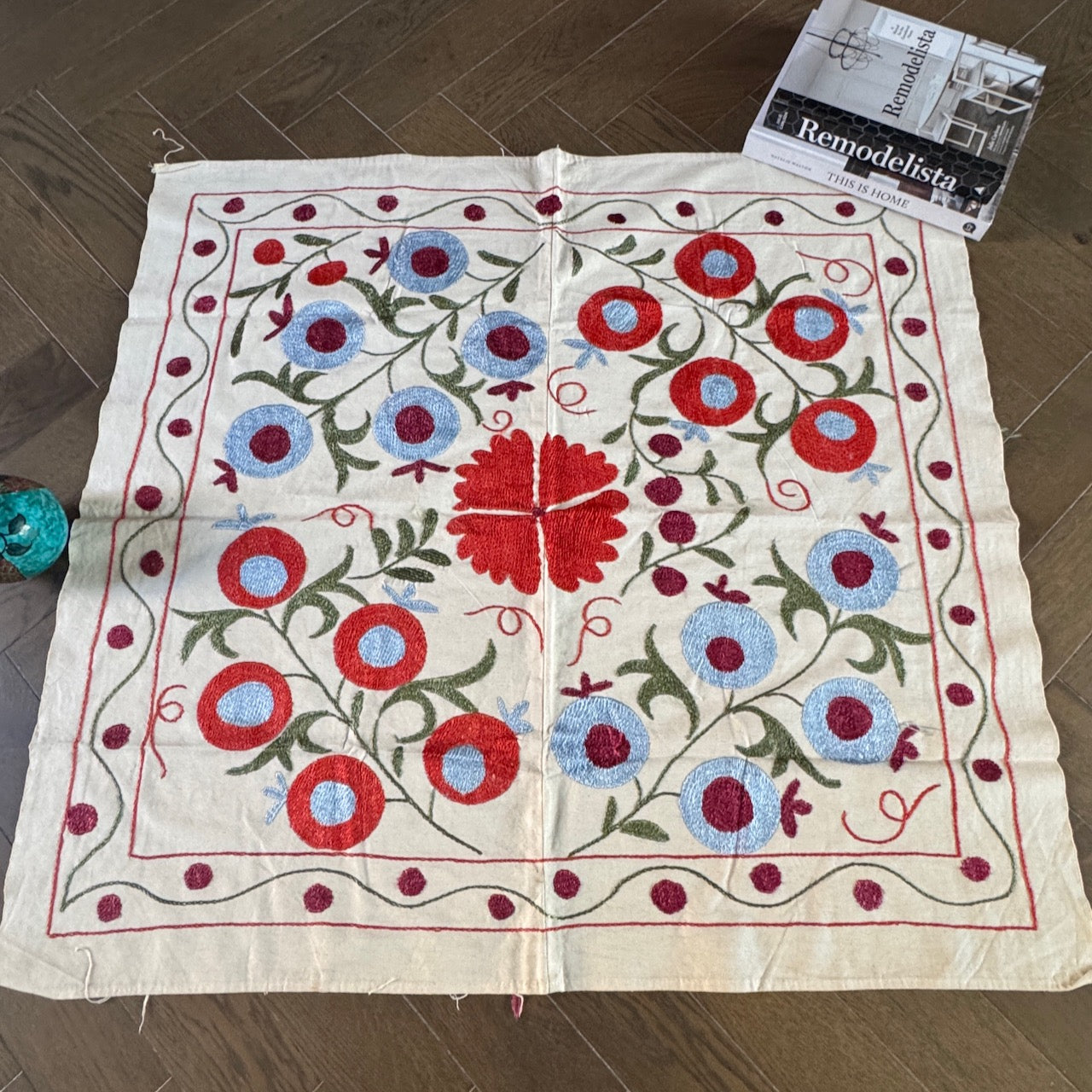 Hand-Embroidered Suzani Textile – 100cm Square | Cream Cotton with Blue, Burgundy, Red & Green Silk Embroidery