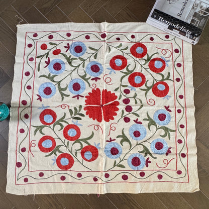 Hand-Embroidered Suzani Textile – 100cm Square | Cream Cotton with Blue, Burgundy, Red & Green Silk Embroidery