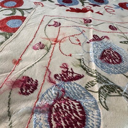 Hand-Embroidered Suzani Textile – 100cm Square | Cream Cotton with Blue, Burgundy, Red & Green Silk Embroidery