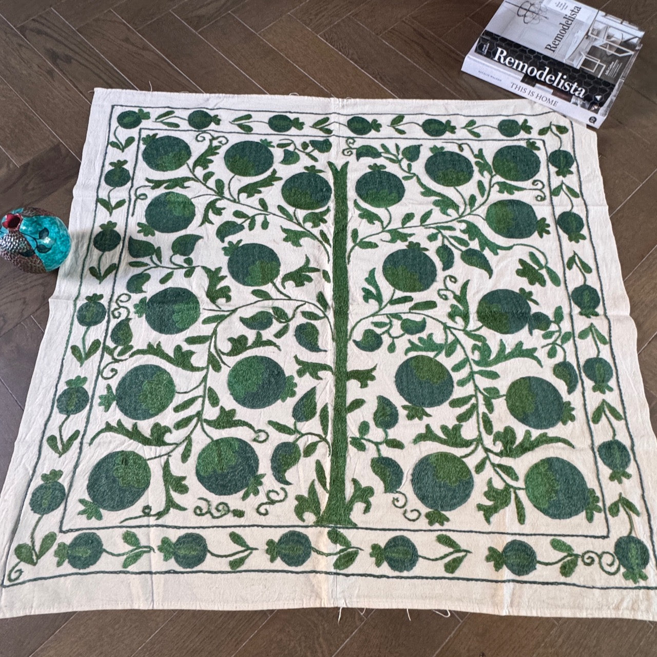 Hand-Embroidered Suzani Textile – 100cm Square | Cream Cotton with Green Silk Pomegranate Tree Motif