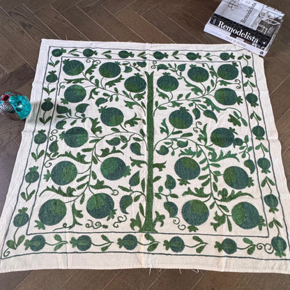 Hand-Embroidered Suzani Textile – 100cm Square | Cream Cotton with Green Silk Pomegranate Tree Motif
