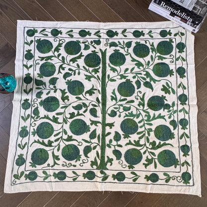 Hand-Embroidered Suzani Textile – 100cm Square | Cream Cotton with Green Silk Pomegranate Tree Motif