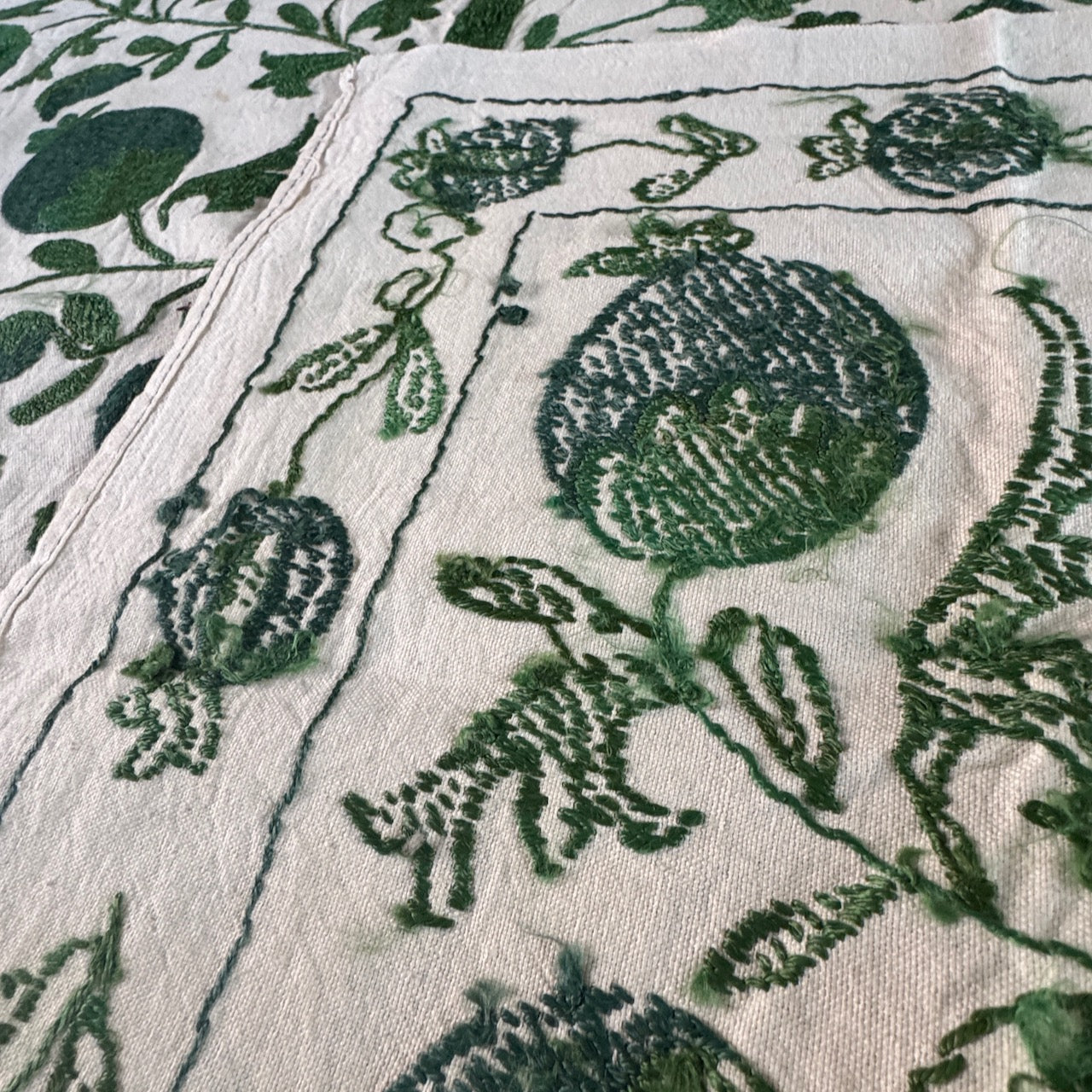 Hand-Embroidered Suzani Textile – 100cm Square | Cream Cotton with Green Silk Pomegranate Tree Motif