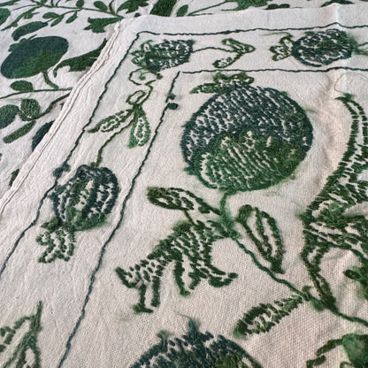 Hand-Embroidered Suzani Textile – 100cm Square | Cream Cotton with Green Silk Pomegranate Tree Motif
