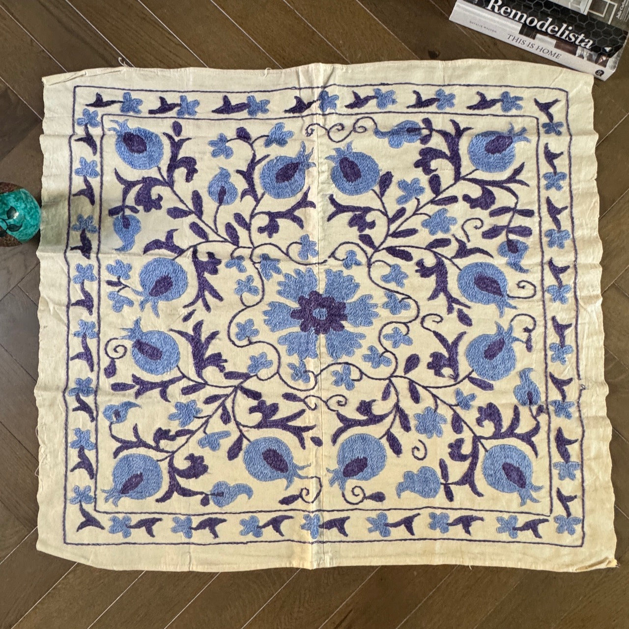 Hand-Embroidered Suzani Textile – 100cm Square | Cream Cotton with Lilac & Blue Silk Embroidery