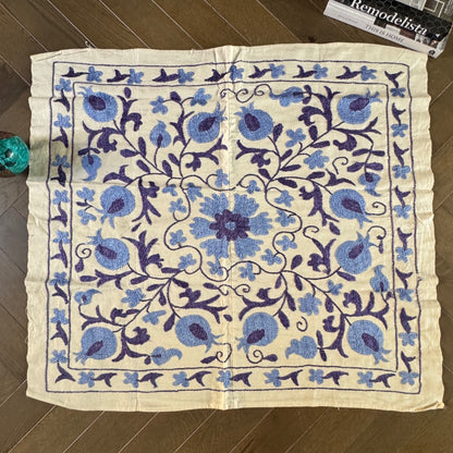 Hand-Embroidered Suzani Textile – 100cm Square | Cream Cotton with Lilac & Blue Silk Embroidery