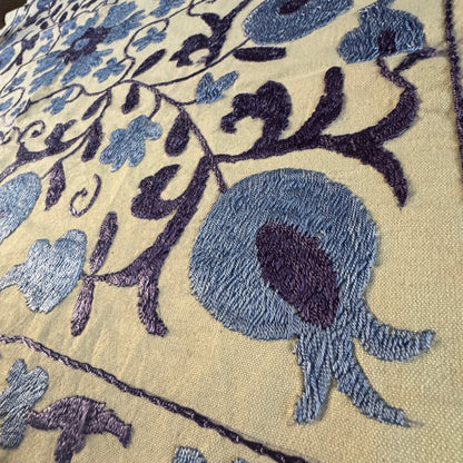 Hand-Embroidered Suzani Textile – 100cm Square | Cream Cotton with Lilac & Blue Silk Embroidery