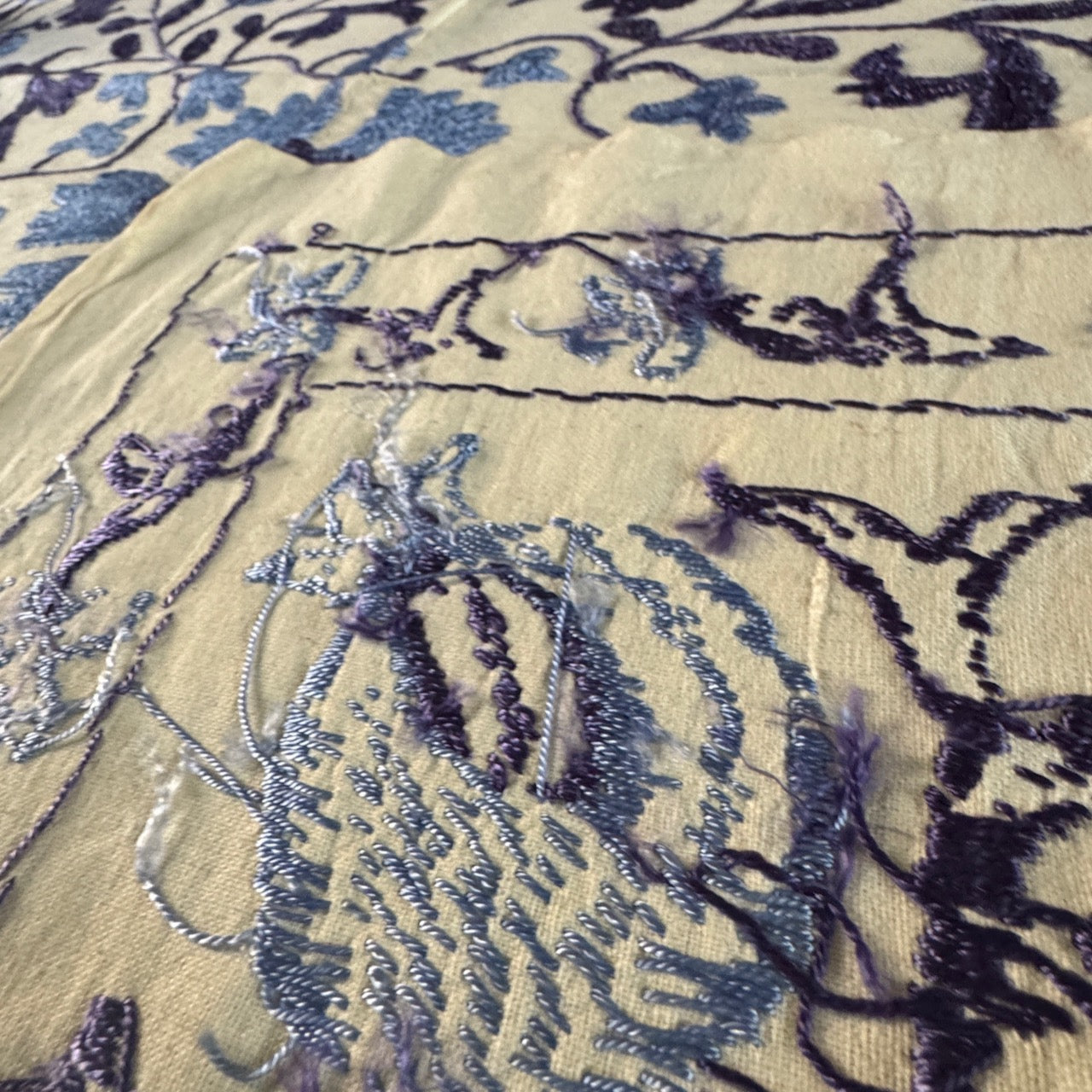 Hand-Embroidered Suzani Textile – 100cm Square | Cream Cotton with Lilac & Blue Silk Embroidery