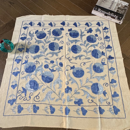 Hand-Embroidered Suzani Textile – 100cm Square | Cream Cotton with Two-Tone Blue Silk Pomegranate Motif