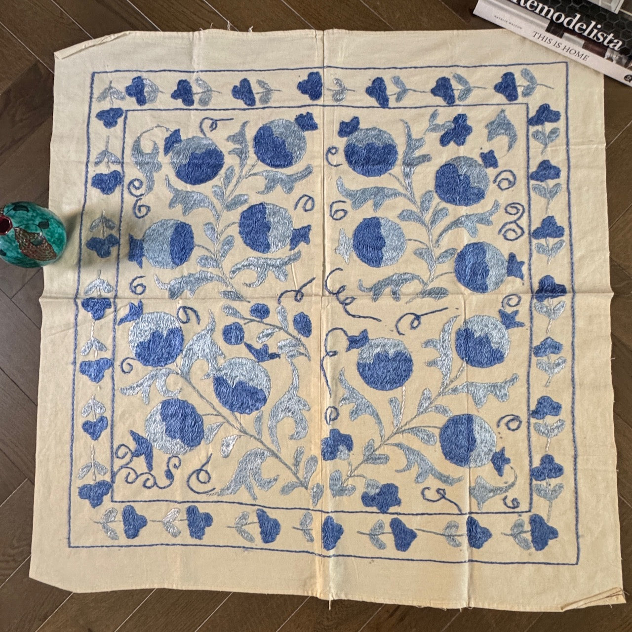 Hand-Embroidered Suzani Textile – 100cm Square | Cream Cotton with Two-Tone Blue Silk Pomegranate Motif