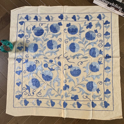 Hand-Embroidered Suzani Textile – 100cm Square | Cream Cotton with Two-Tone Blue Silk Pomegranate Motif