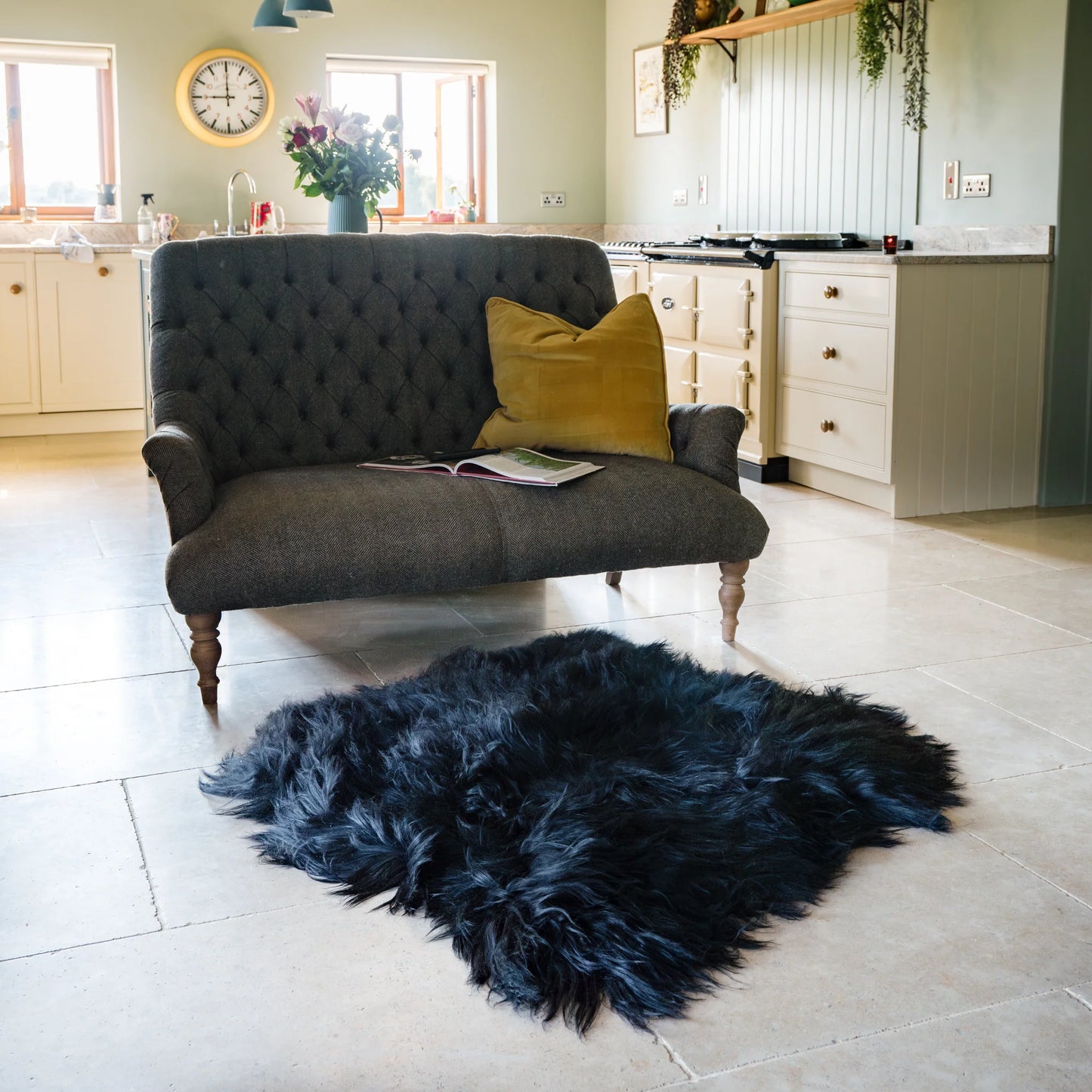 Icelandic Sheepskin Long Fur Rug 100% Natural Black Throw | Side by Side | 110cm x 130cm