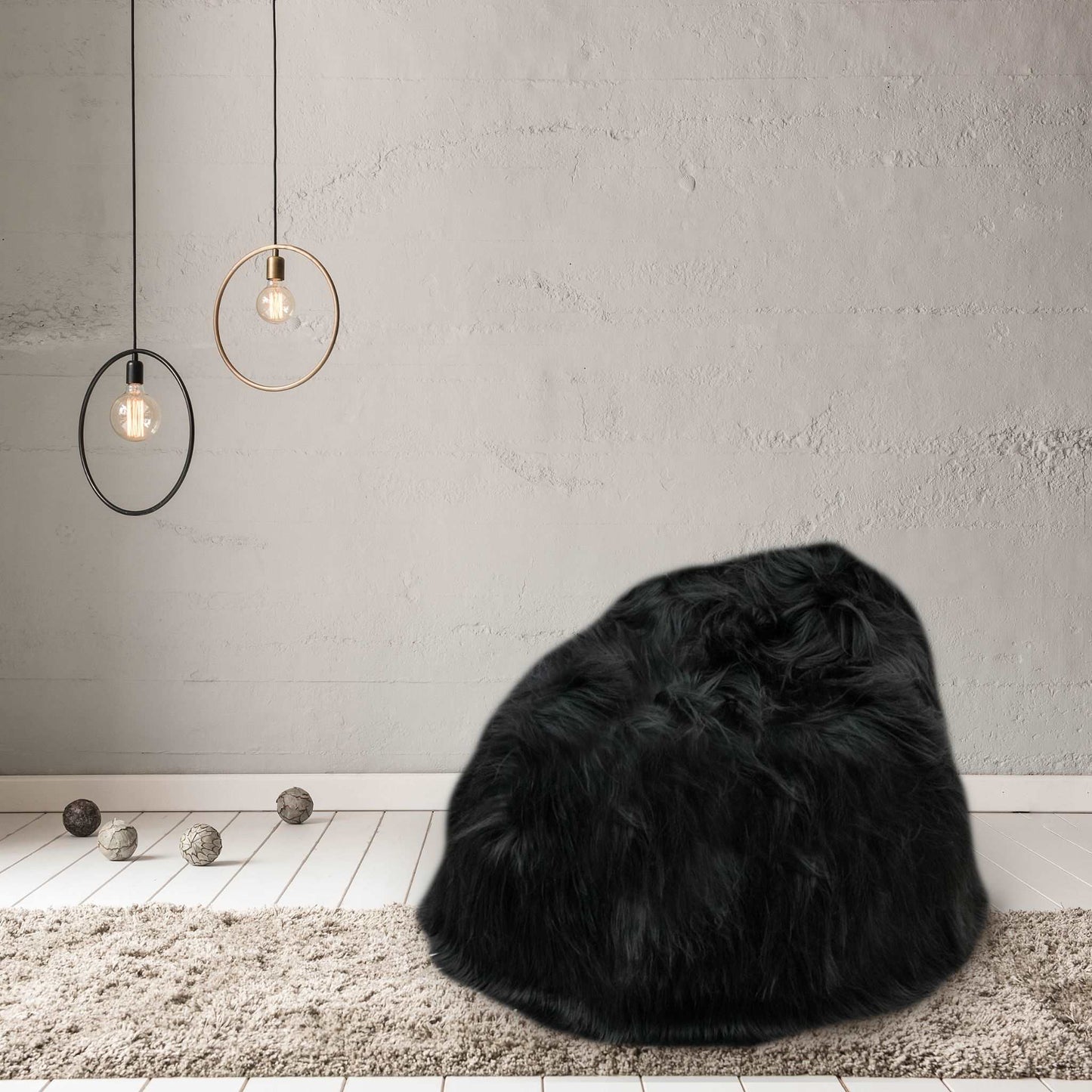100% Icelandic Longhair Sheepskin Beanbag Chair Natural Black - Wildash London