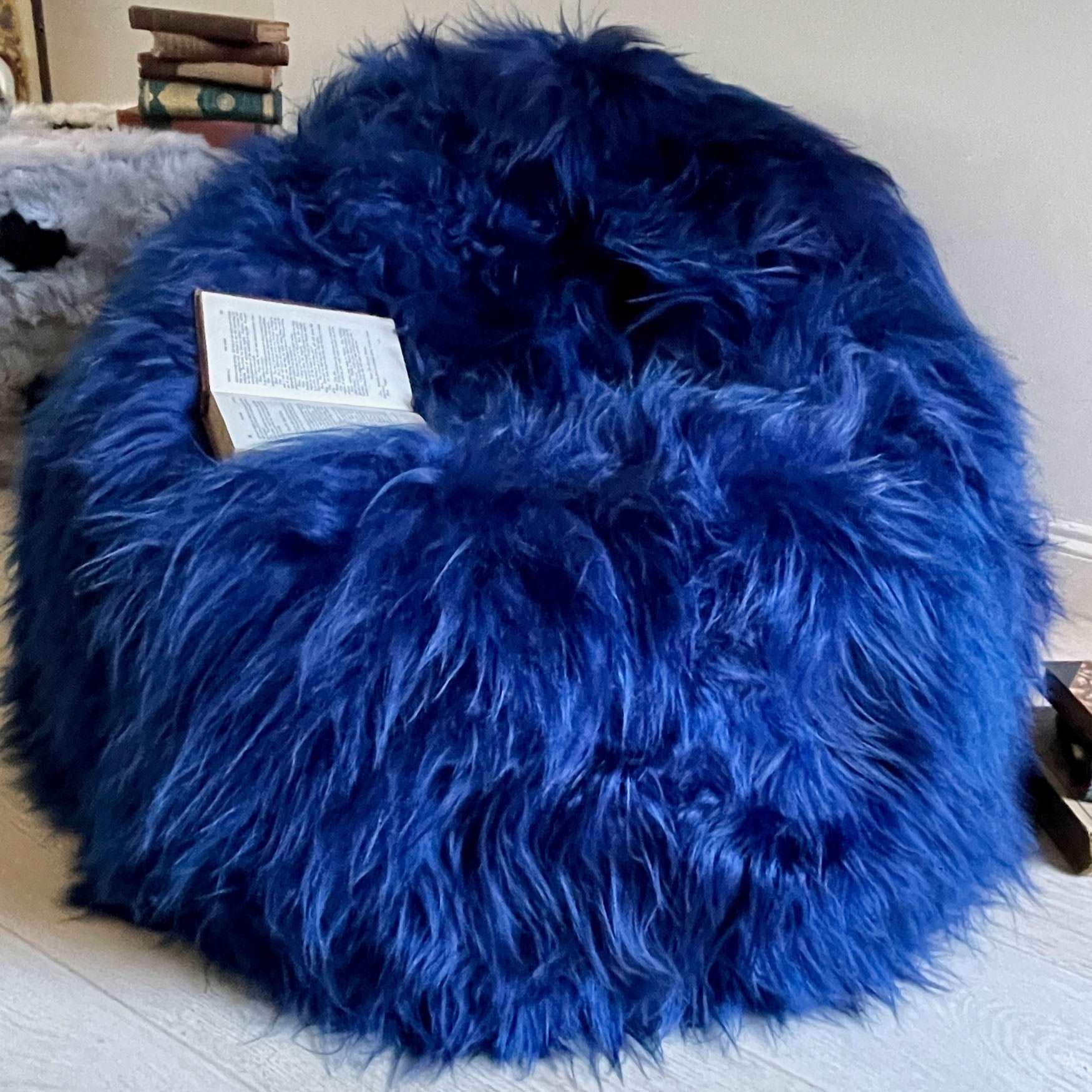 100% Icelandic Longhair Sheepskin Beanbag Chair Navy Blue | Large - Wildash London