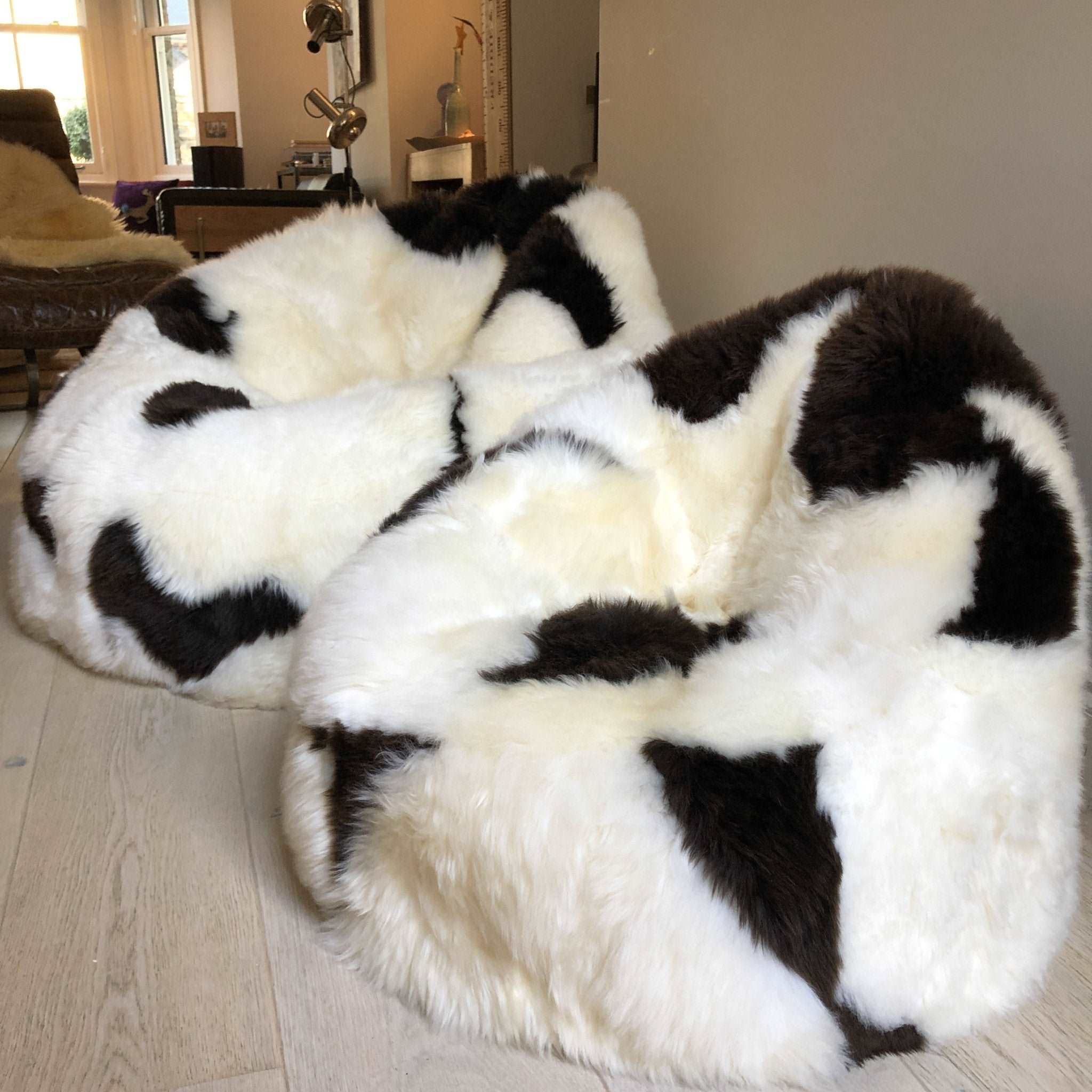 100% Natural British White & Brown Spotted Sheepskin Beanbag Chair - Large - Wildash London