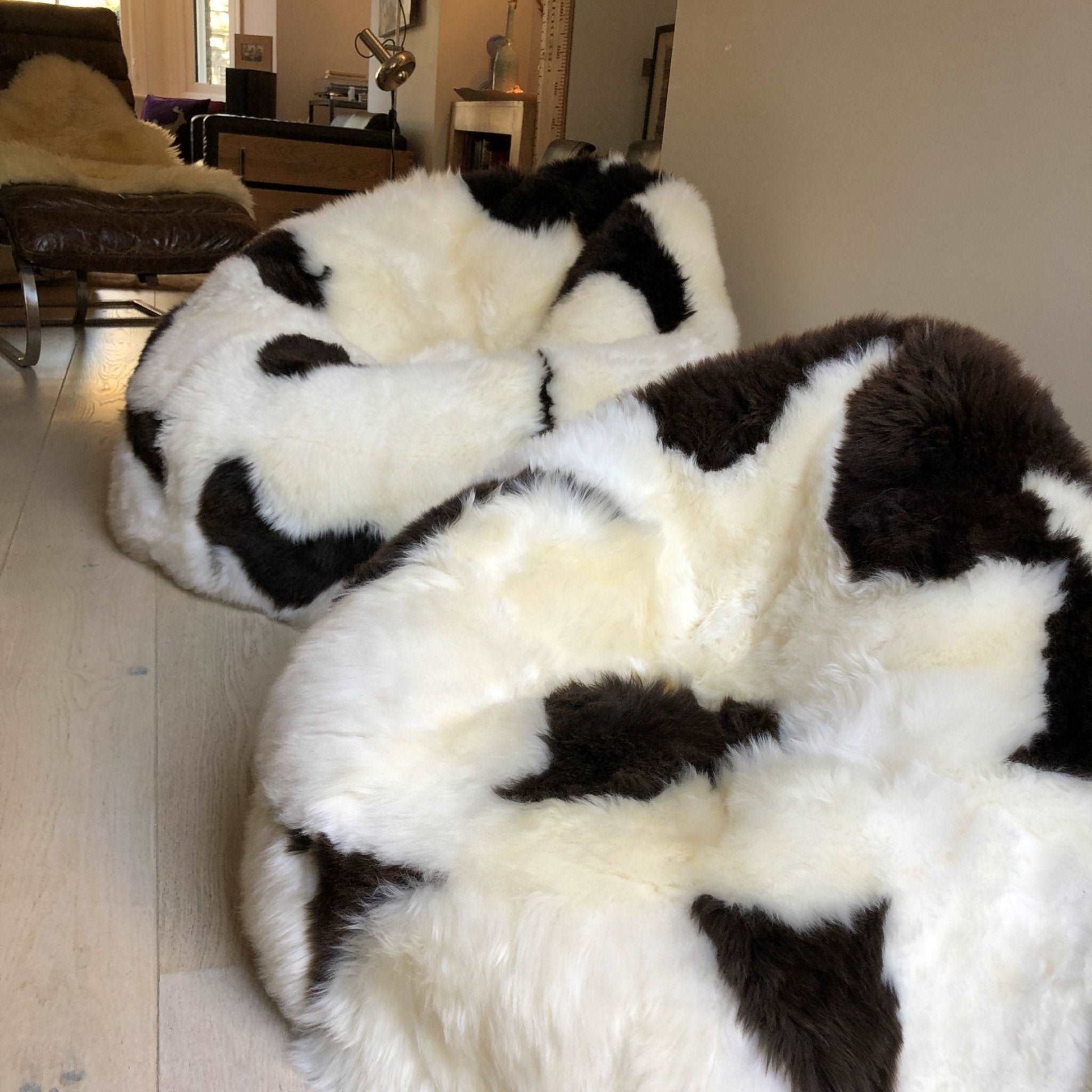 100% Natural British White & Brown Spotted Sheepskin Beanbag Chair - Large - Wildash London