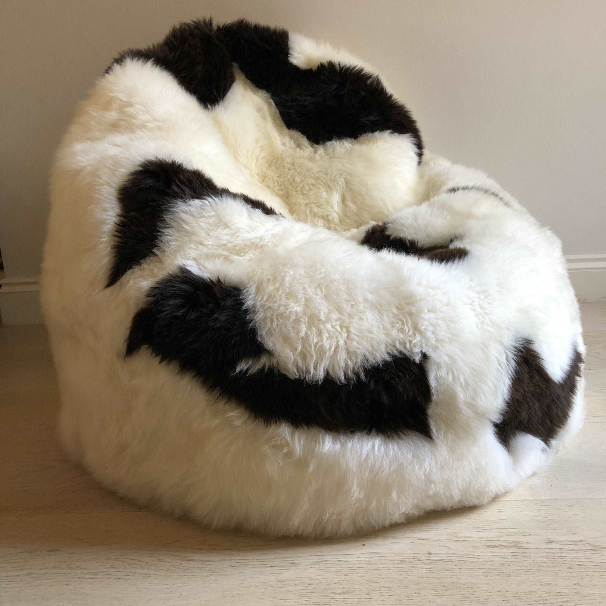 100% Natural British White & Brown Spotted Sheepskin Beanbag Chair - Large - Wildash London