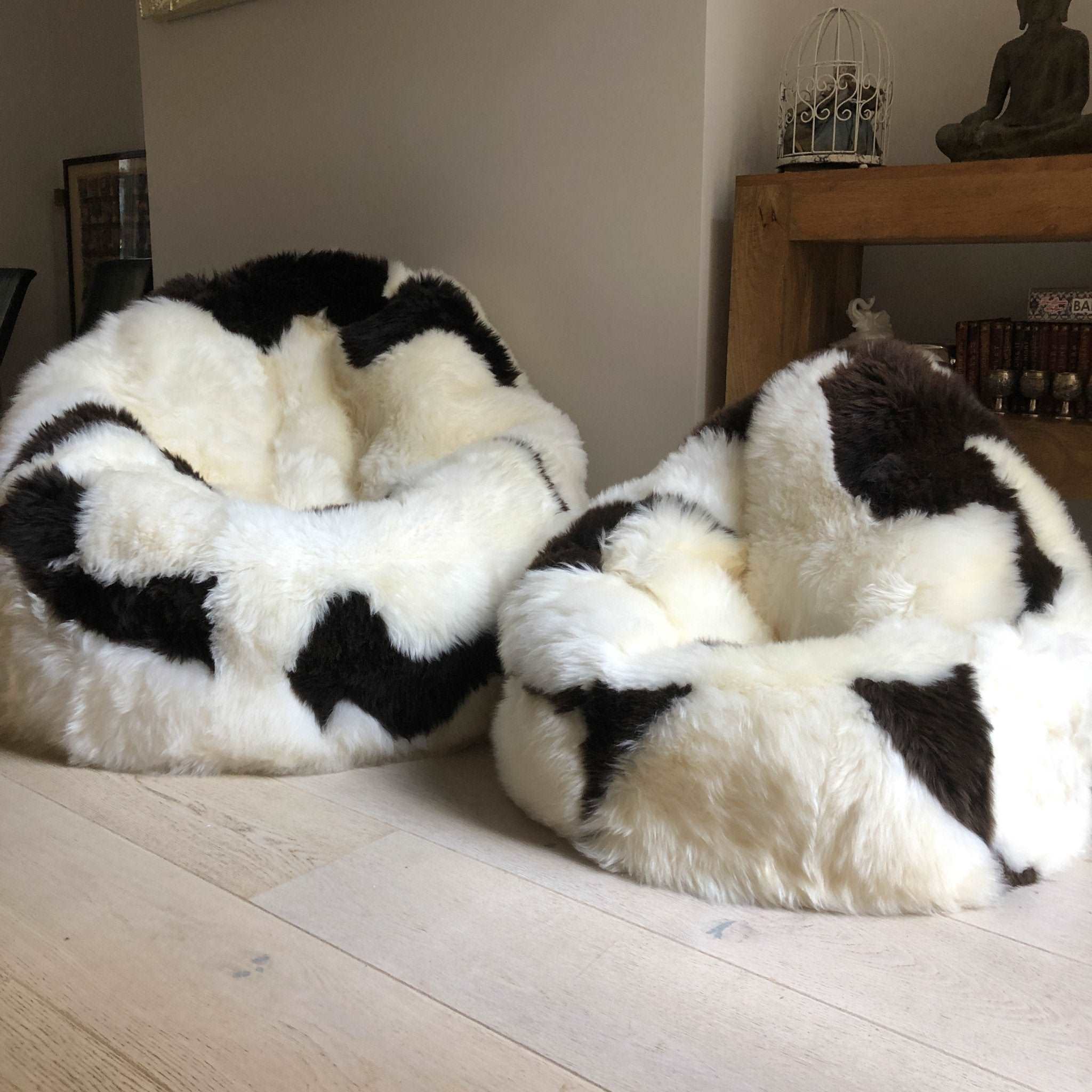 100% Natural British White & Brown Spotted Sheepskin Beanbag Chair - Large - Wildash London