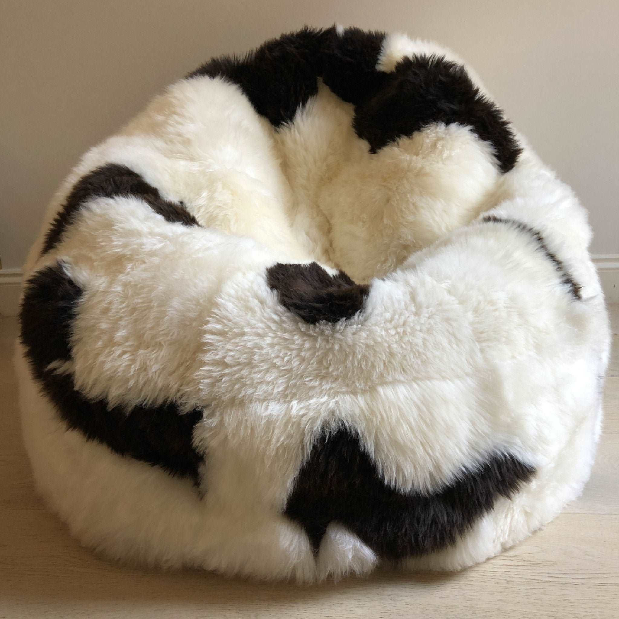 100% Natural British White & Brown Spotted Sheepskin Beanbag Chair - Large - Wildash London