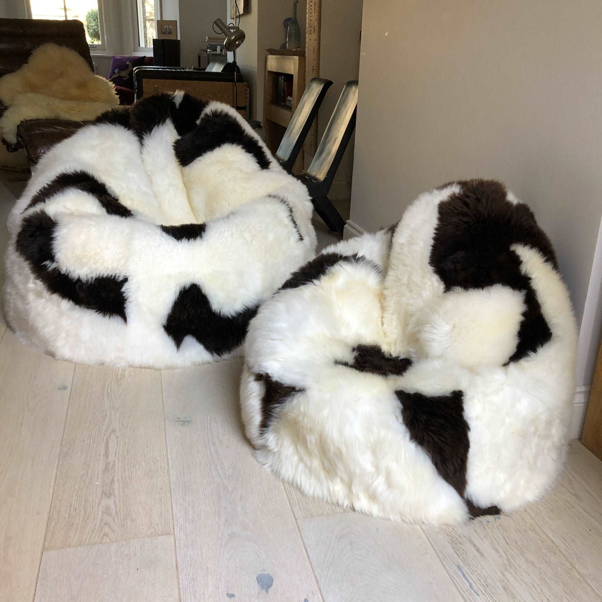 100% Natural British White & Brown Spotted Sheepskin Beanbag Chair - Large - Wildash London