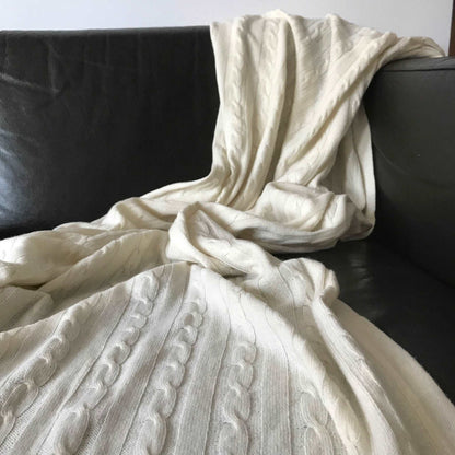 100% Pure Cashmere Throw in Heritage Cable Knit Whipped Cream - Wildash London