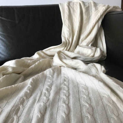 100% Pure Cashmere Throw in Heritage Cable Knit Whipped Cream - Wildash London