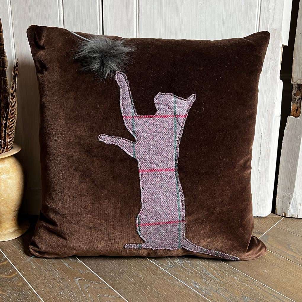 Brahma the Playful Pussycat Islay Tweed Countryside Cushion | Chocolate Brown Velvet - Wildash London