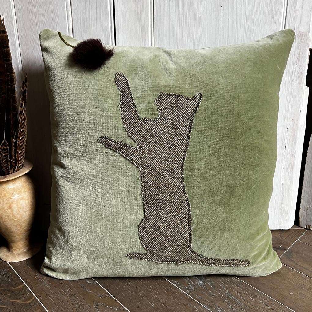 Brahma the Playful Pussycat Islay Tweed Countryside Cushion | Sage Green Velvet - Wildash London