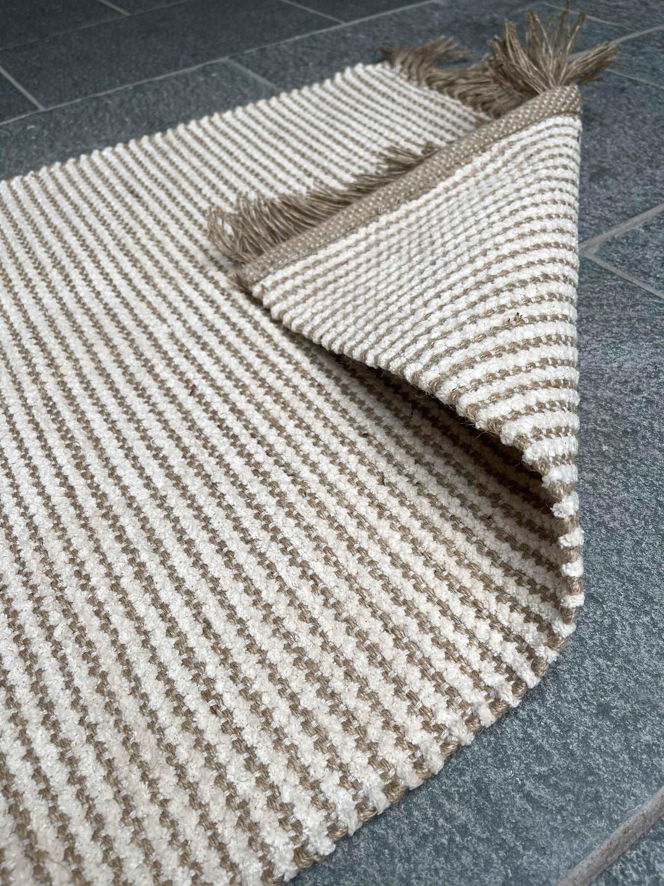 Cotton & Jute Natural Beige Ivory Stripe Undyed Woven Rug - Wildash London