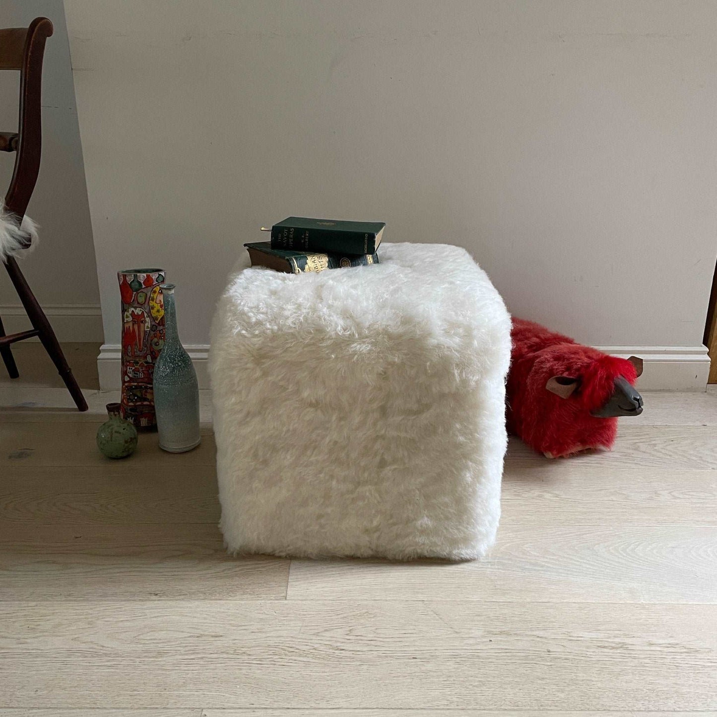 Cubist Pouffe Icelandic Shorn Sheepskin Footstool | Natural White Shorn - Wildash London