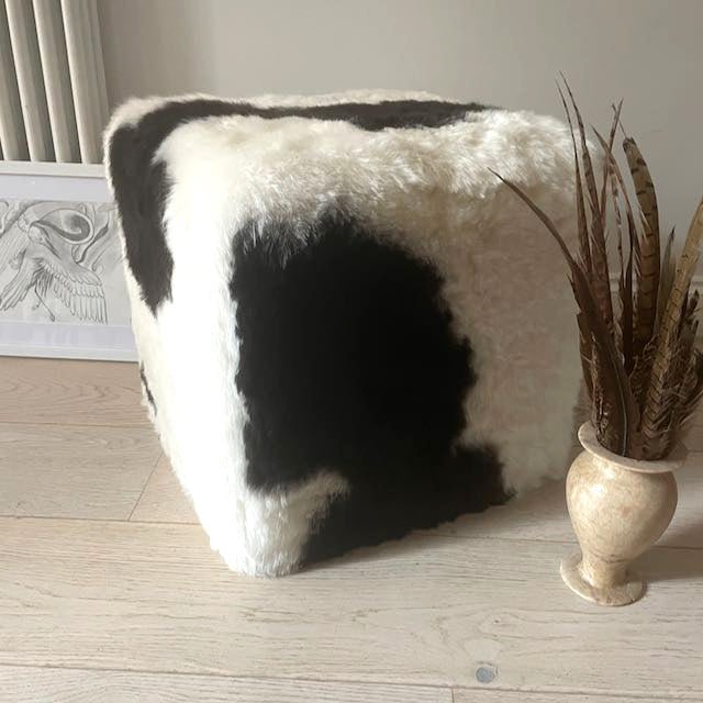 Cubist Pouffe Icelandic Shorn Sheepskin Footstool | Spotted Shorn - Wildash London