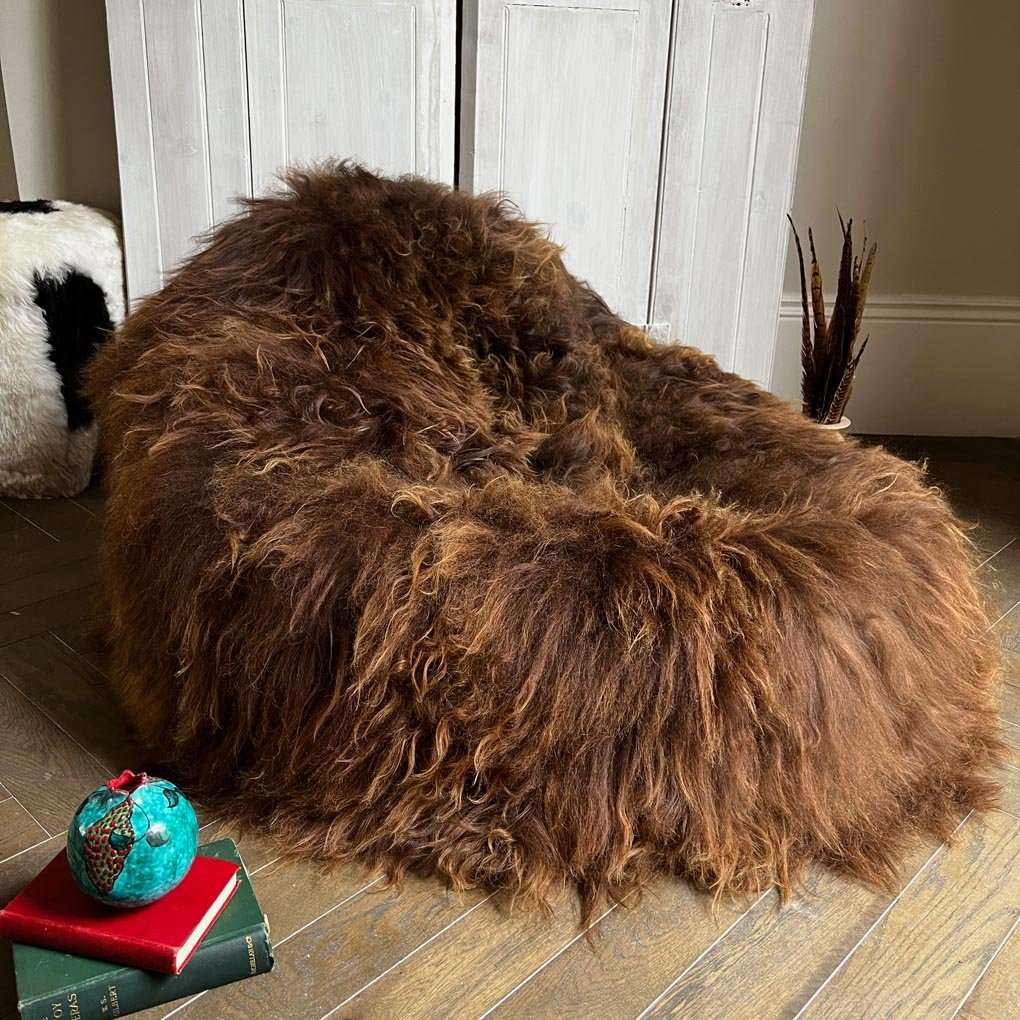 Ex-Display 100% Icelandic Longhair Sheepskin Beanbag Chair Russet Large - Wildash London
