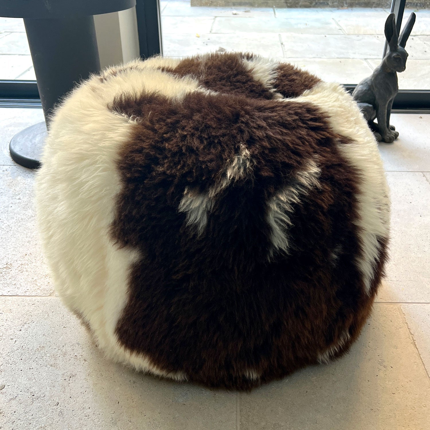 EX-DISPLAY The Boule British Sheepskin Pouffe Rare Breed White & Brown Spotted - IN STOCK - Wildash London