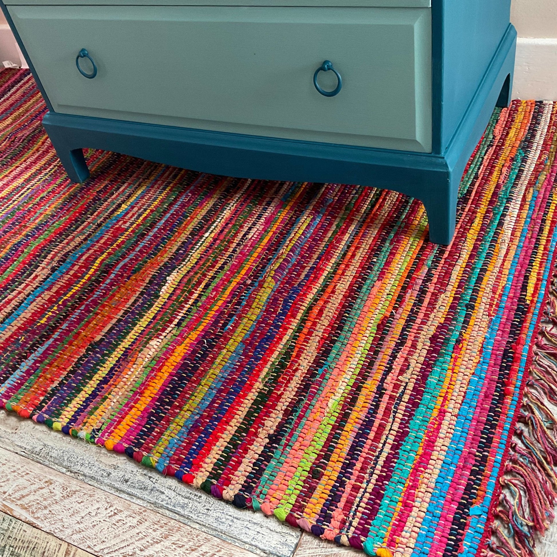 FESTIVAL Boho Rug Flat Weave Multicolour Mat with Tassels | 70cm x 140cm - Wildash London