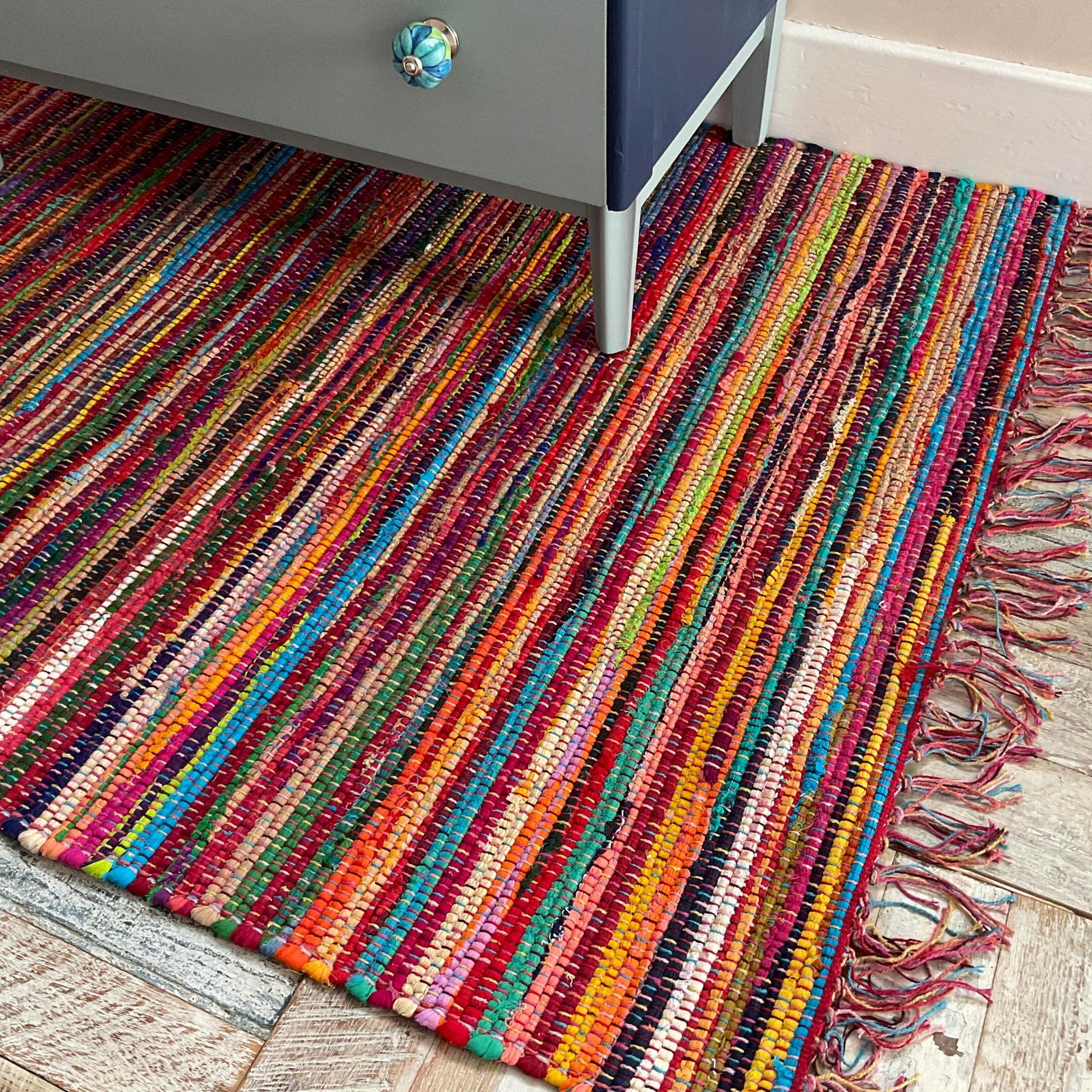FESTIVAL Boho Rug Flat Weave Multicolour Mat with Tassels | 90cm x 150cm - Wildash London