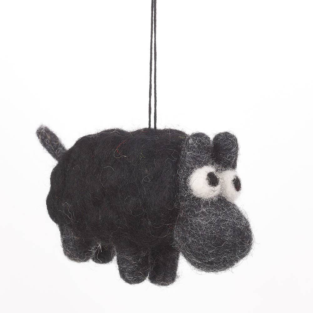Handmade Biodegradable Felt Sheep | Hanging Decoration | Black - 10cm x 7cm - Wildash London