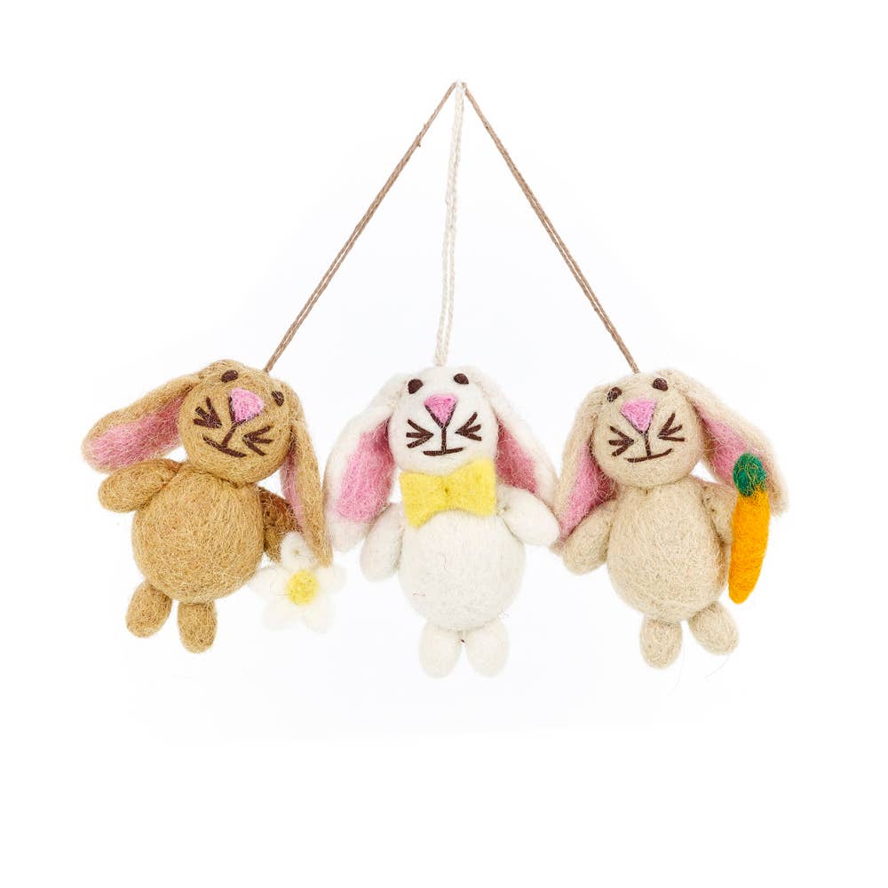 Handmade Felt Mini Easter Bunnies (Set of 3) Decorations - Wildash London