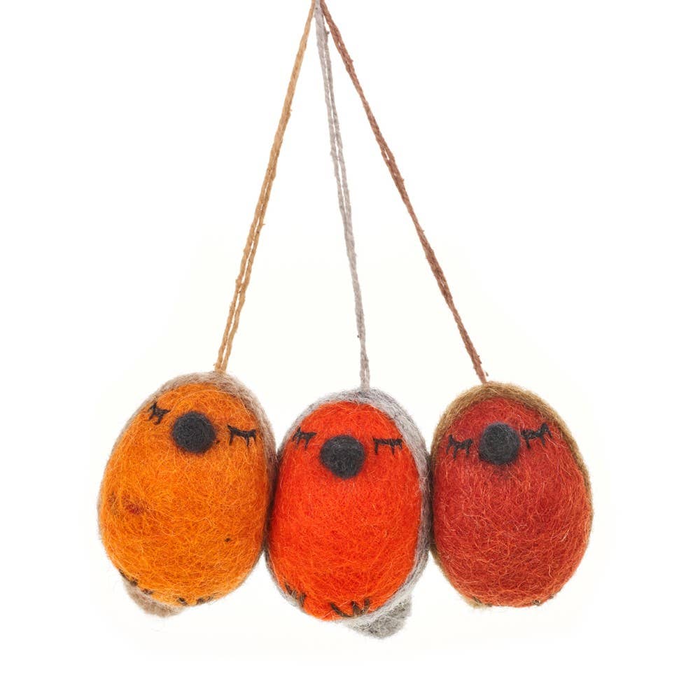 Handmade Whimsical Winter Robins | Hanging Decorations | 6cm x 4cm - Bag of 3 - Wildash London